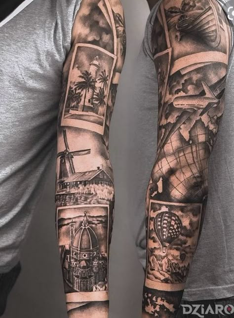 Realism Travel Tattoo, Travel Tattoo Half Sleeve Women, Traveller Tattoo Men, Travel Tattoo Sleeves, Travel Inspired Tattoos Men, Life Journey Tattoo Sleeve, Poloroid Pictures Tattoo Ideas, Nature Themed Sleeve Tattoo Men, Tattoo Sleeve Collage