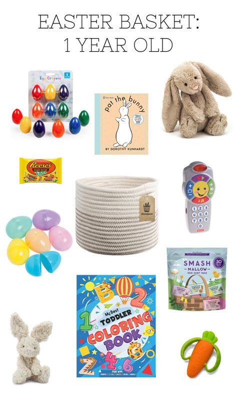 Easter Basket: 1 Year Old — Blueprint by Kelly Easter Basket 1 Year, Baby Easter Basket Ideas, Toddler Easter Basket Ideas, Toddler Easter Basket, Boys Easter Basket, Baby Easter Basket, Easter Baskets For Toddlers, Easter Books, Easter Basket Ideas