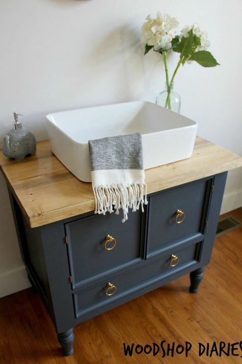 Cheap Diy Bathroom Vanity, Bath Vanity Makeover, Diy Antique Bathroom Vanity, Dresser Sink Vanity Diy, Vanity With Bowl Sink, Diy Bathroom Sink Cabinet How To Build, Dresser Table Design, Cheap Bathroom Vanity, Dressing Table Organization