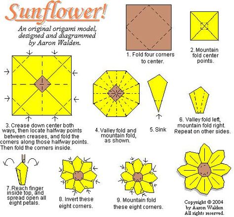 Sunflower Origami Tutorial, Sunflower Origami, Origami Cat Instructions, Origami Sunflower, Folded Paper Flowers, Nursing Journal, Paper Dresses, Origami Diagrams, Origami Dress