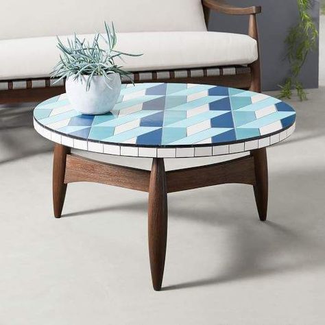 west elm Mosaic Tiled Outdoor Coffee Table - 3D Squares/Turned Wood West Elm Tables, Mosaic Coffee Table, Tiled Coffee Table, Mosaic Table Top, Interior Decoration Accessories, Outdoor Coffee Table, Artisan Furniture, Outdoor Accent Table, Design Salon