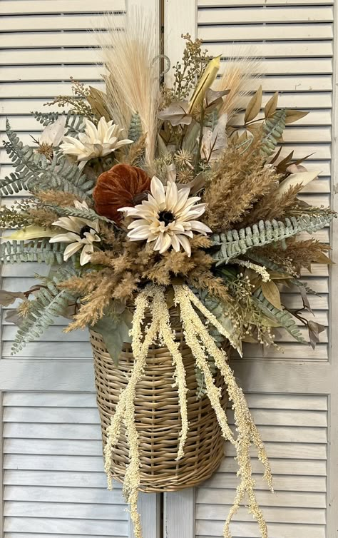 Fall Flower Arrangements For Home, New Fall Decorating Ideas, Fall Door Basket, Basket For Front Door, Autumn Arrangements, Sunflower Basket, Front Door Baskets, Fall Basket, Fall Lanterns