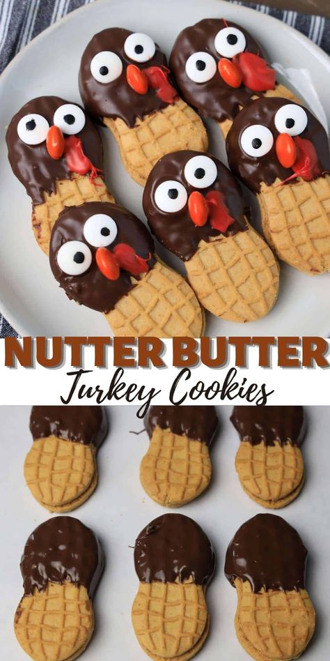 Nutter Butter cookies are a classic American cookie enjoyed by people of all ages. This recipe takes the deliciousness of Nutter Butter and turns it into a Thanksgiving turkey! Kids will love helping you make these adorable cookies, and they'll be excited to gobble them up during the holiday feast. When the dinner table is set with plenty of food and loved ones gather around, it's time to be thankful for what we have. Acorn Cookies Nutter Butter, Nutter Butter Thanksgiving Treats, Turkey Nutter Butter Cookies, Thanksgiving Nutter Butter Cookies, Chocolate Covered Nutter Butter, Santa Nutter Butter Cookies, Nutterbutter Turkey, Nutter Butter Turkeys, Acorn Nutter Butter Treats