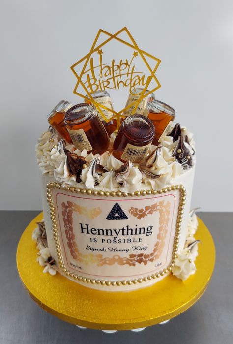 Hennything is possible cake iced in Hennessy buttercream. #hennythingispossible #customcakes #hennesey Hennything Is Possible, Hennessy Cake, Basketball Birthday Cake, Queens Birthday Cake, Liquor Cake, Music Themed Cakes, Delish Cakes, Melon Cake, Alcohol Cake