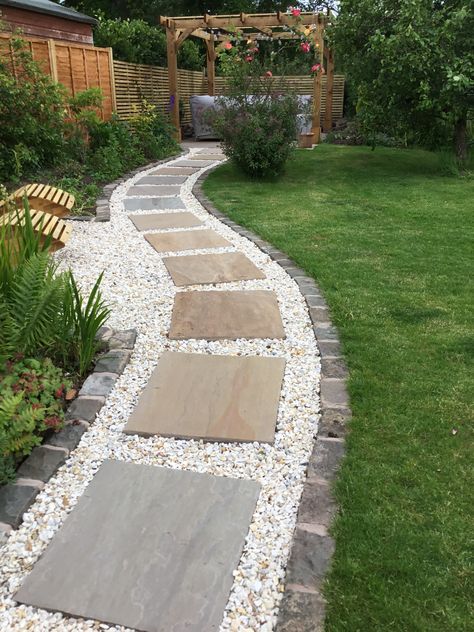 Pavers With Stones In Between, Pathway Stones Walkways, White Brick Edging Landscape, Stone And Paver Walkway, Natural Pathways Walkways, Stone And Pebble Walkway, Path To Pool, Rock Walkways To Front Door, Pebble Stone Landscaping