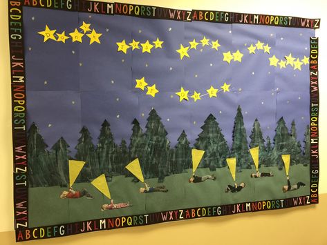 Day And Night Bulletin Board Ideas, Light And Dark Bulletin Board Ideas, Light Theme Bulletin Board, Firework Bulletin Board, Moon Bulletin Board Ideas, Star Themed Bulletin Boards, The Sky Is The Limit Bulletin Board, Constellation Bulletin Board, Ocean Biome