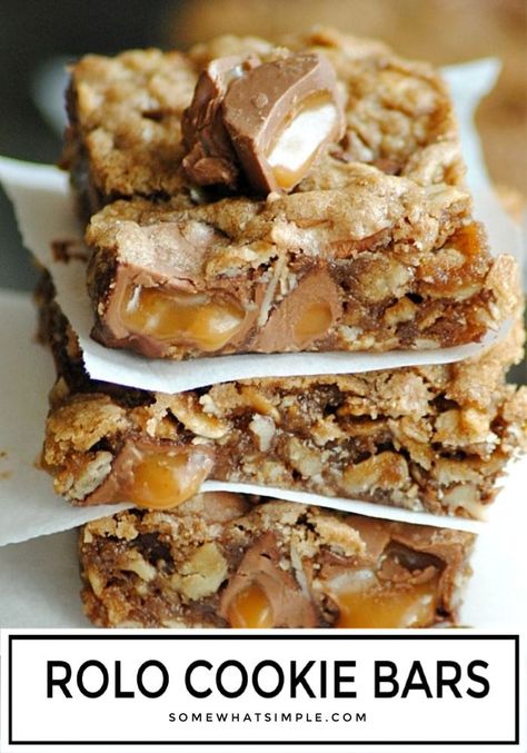 Rolo Cookie Bars are a delicious dessert for any occasion.  This recipe is both delicious and super easy to make! #rolocookies #rolocookiebars #easyrecipe #chocolate via @somewhatsimple Rolo Bars, Desserts Nutella, Rolo Cookies, Oatmeal Cookie Bars, Smores Dessert, Granola Bar, Oatmeal Cookie, Ooey Gooey, Oatmeal Chocolate Chip Cookies