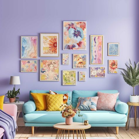 Purple Feature Wall Living Room, Pastel Walls Living Room, Pastel Purple Living Room, Purple Gallery Wall, Pastel Colour Living Room, Purple Living Rooms, Purple Walls Living Room, Light Purple Living Room, Pastel Purple Room