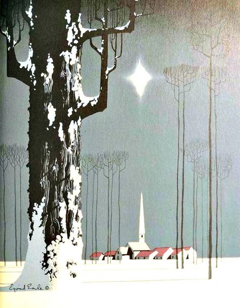 vintage Christmas retro MCM Eyvind Earle artist, church, houses, tree, star Evynd Earle, Christmas Games Ideas, Modern Vintage Christmas, Eyvind Earle, Tree Star, Games Ideas, Vintage Christmas Card, Winter Art, Environment Design