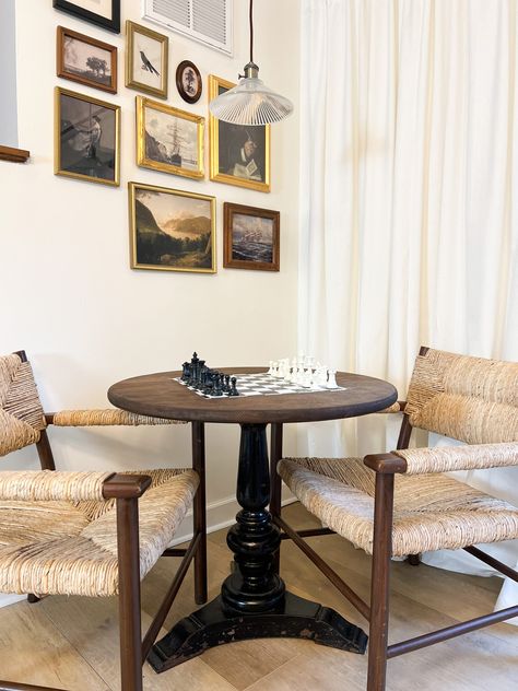 Diy Chess Table Ideas, Chess Corner In Living Room, Chess Sitting Area, Chess Table Ideas, Chess Seating Area, Game Table In Living Room Corner, Card Table Living Room, Wood Game Table, Chess Room Ideas