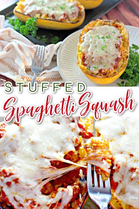 Stuffed Spaghetti Squash is a delicious dinner the whole family will love. Oven roasted spaghetti squash halves filled with meat sauce and cheese then baked until hot and bubbly--a great way to reduce carbs and get your family to eat more vegetables at the same time! #spaghettisquash #lowcarb #vegetables #veggies #squash #dinner #familydinner #healthyrecipes Squash Dinner, Roasted Spaghetti Squash, Stuffed Spaghetti Squash, Eat More Vegetables, Spaghetti Meat Sauce, Baked Spaghetti Squash, Baked Squash, Cheese Spaghetti, Chicken Bacon Ranch