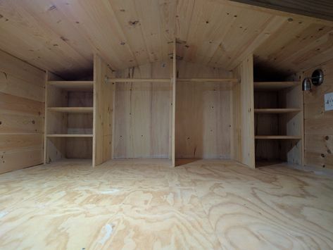 Storage is important, and efficient storage is paramount. Shelves, closet space, drawers, and cabinets provide unique solutions in a tiny house. Tiny House Loft Storage, Tiny House Kitchens, Tiny House Loft Bedroom, Shed To Tiny House Conversion, Loft Closet, Tiny House Closet, Lofted Barn Cabin, Shed With Loft, House Closet