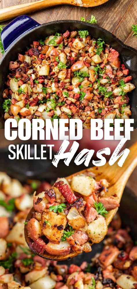 A collage image of a corned beef hash made in a skillet. Corned Beef Hash Breakfast, Corned Beef Leftovers, Corned Beef Hash Recipe, Homemade Corned Beef, Cooking Corned Beef, Corn Beef, Corned Beef Brisket, Hash Recipe, Corned Beef Recipes