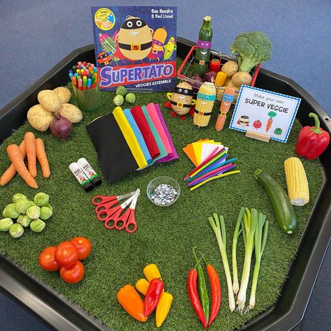 Healthy Food Eyfs Activities, Healthy Eating Week Eyfs, Healthy Eating Tuff Tray Ideas, Healthy Eating Display Eyfs, Mental Health Week Eyfs, Food Provocations, Superpotato Activities, Supertato Tuff Tray, Food Topic Eyfs