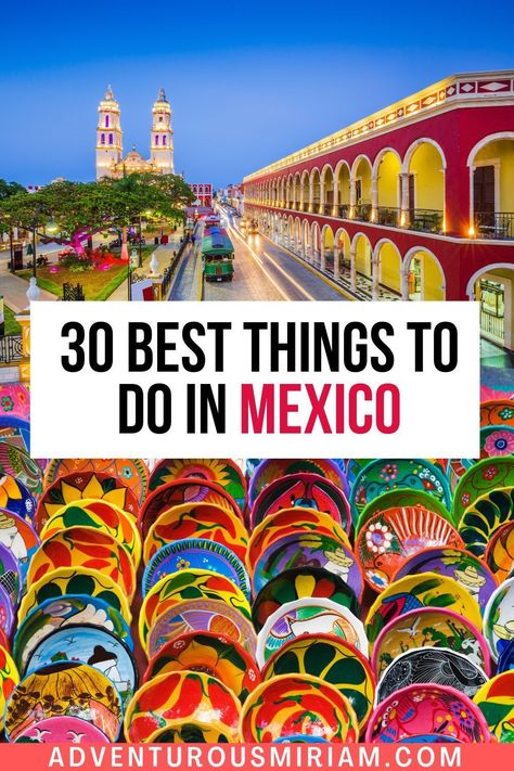 My travel guide Mexico edition brings you the most exciting Mexico sights. Create your perfect Mexico itinerary with these top picks. #TravelTips #MexicoSights #BestOfMexico Mexico Must See, Mexico Travel Outfit, Things To Do In Mexico, Mexico Itinerary, Aztec Ruins, Tulum Ruins, Swimming With Whale Sharks, Mayan Cities, Mexico Travel Guides