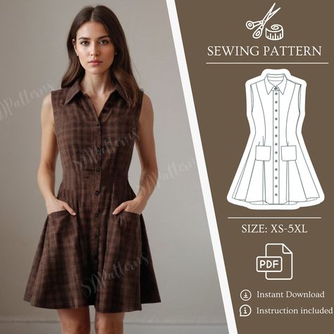 Button Dress Sewing Pattern , Dress Sewing Pattern , Mini Pockets Dress Pattern , SleeveLess Dress Sewing Pattern , Collared Dress Get a big discount with the Bundle Shop Pattern: https://www.etsy.com/listing/1695033562/ This PDF sewing pattern is available for immediate download. You can easily print it on either US letter (8.5" x 11") paper using your home printer, and assemble the pages by taping them together. Additionally, an A0 size file is provided for printing at a copy shop. The pattern Dress Patterns Teenagers, Collared Dress Sewing Pattern, Dark Academia Sewing Patterns, Skater Dress Sewing Pattern, Skater Dress Pattern Free, Collared Dress Pattern, Summer Dress Sewing Patterns Free, Peter Pan Collar Dress Pattern, Button Down Dress Pattern