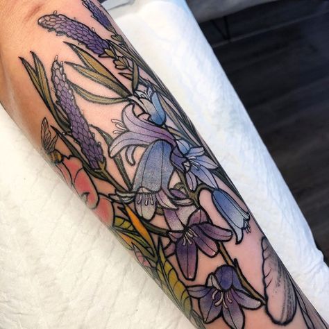 #Tattoos, Neo Traditional Floral Tattoo Sleeve, Color Patchwork Tattoo, Lavender Plant Tattoo, Plant Tattoo Men, Lavender Tattoo Design, Mums Tattoo, Corazon Tattoo, Lavender Tattoos, Purple Flower Tattoos