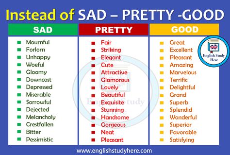 Instead of SAD – PRETTY -GOOD Synonyms Of Good, Other Words For Good, Other Words For Great, Other Words For Said, Words For Good, Words For Said, English Synonyms, Synonyms For Awesome, English Grammar Rules