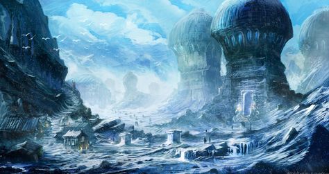 Fantasy Landscape  Fantasy Tower Village Winter People Snow Wallpaper Location Inspiration, Concrete Art, Fantasy City, Fantasy Artwork, Fantasy Landscape, Pilgrimage, Landscape Art, Art Wallpaper, Hd Wallpaper