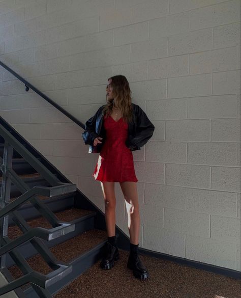 Dress Stockings Outfit, Red Club Outfit, Realization Par, Red Concert, Red Top Outfit, Stockings Outfit, Band Outfits, Girl In Red, Steve Lacy