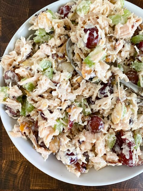 Chicken Salad with Grapes - The Skinnyish Dish Chicken Pasta Salad With Grapes, Pasta Salad With Grapes, Company Chicken, Protein Salad Recipes, Skinnyish Dish, Chicken Salad Chick, Salad With Grapes, High Protein Salads, Chicken Salad With Grapes