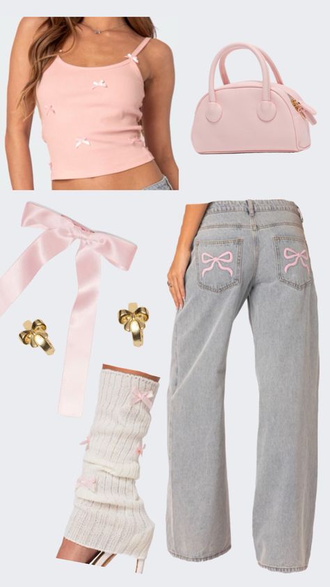 pink bow outfit 🎀 [all items from Edikted] #coquette #pinkbows #outfit #fashion #itgirl Pink Bow Top Outfit, Pink Bow Outfit, White Top Pink Ribbon, Coquette Pink Top, Cute Pink Tops With Bow, Cute Pink T-shirt With Bow, Bow Jeans, Bow Outfit, Stockholm Style