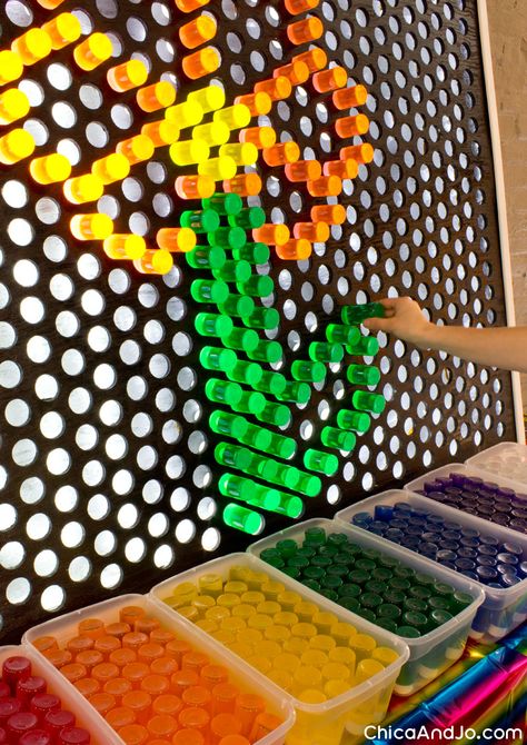 Make a Giant Lite Brite | Chica and Jo Giant Lite Brite, Diy Yard Games, Acnh Basement, Remodel Basement, Kids Basement, Lite Brite, Bar Basement, Sensory Room, Yard Games