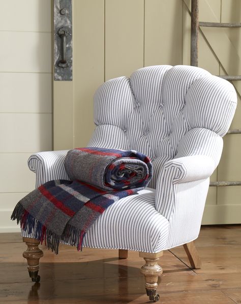 Ticking stripes have a light, breezy feel; when the evening breeze gets cooler, soft wool throws are always in season. Ethan Allen Living Room, Ethan Allen Furniture, Striped Chair, Fabric Furniture, Ethan Allen, Plaid Fabric, Accent Chairs For Living Room, Chair Fabric, A Blanket