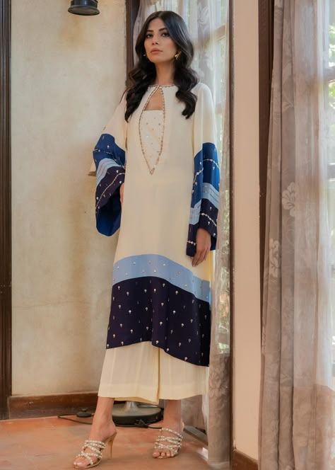 Blue White Outfit, A Line Shirt, Hand Embroidered Shirt, Be Design, Shirt Trouser, Kurta Set For Women, Pakistani Fashion Party Wear, Pakistani Fashion Casual, Pakistani Fancy Dresses