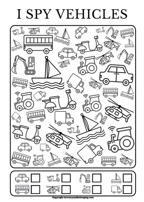 Searching I Spy Printables for Kids FREE? These FREE Vehicles I Spy Printable Coloring Pages teach Kids Counting, Coloring + Fine Motor Skill Activity Pages For Kids Free Printables, Kids Colouring Printables, Visual Motor Activities, I Spy Printable, Kids Counting, Kids Printable Art, Fine Motor Activities For Kids, Activity Sheets For Kids, Spy Kids