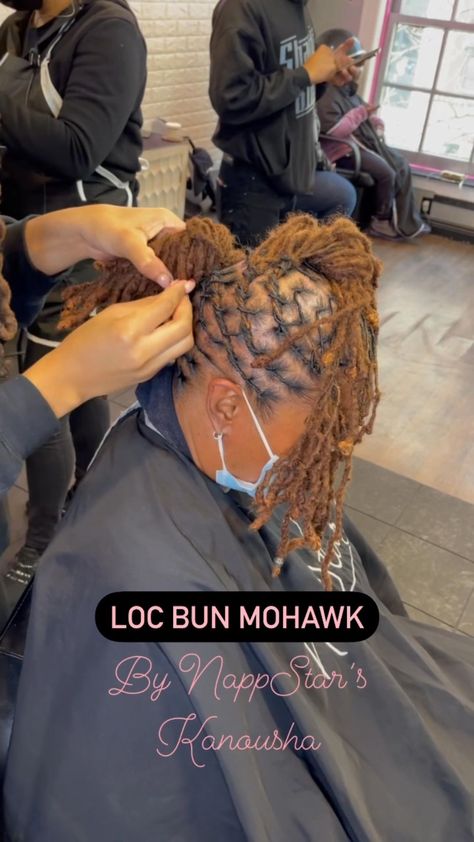 nappstar_nyc on Instagram: Loc Bun Mohawk 🤟🏾🤩💕 Book Now at NappStar.com #locs #locstyles #locsalon #NappStar #nyc High Locs Ponytail, Loc Mohawk Styles Dreadlocks, Locs Mohawk Styles Women, Mohawk Loc Styles, Mohawk Loc Styles Black Women, Nappstar Nyc, Loc Mohawk Styles, Bun Mohawk, Loc Mohawk