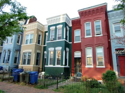 Colorful Row Houses in D.C. Row House Colors Exterior, Painted Rowhouse Exterior, Rowhome Exterior, Rowhouse Architecture, Terraced House Exterior, Houses Inspiration, Townhouse Exterior, Painted Brick House, Tiny House Exterior