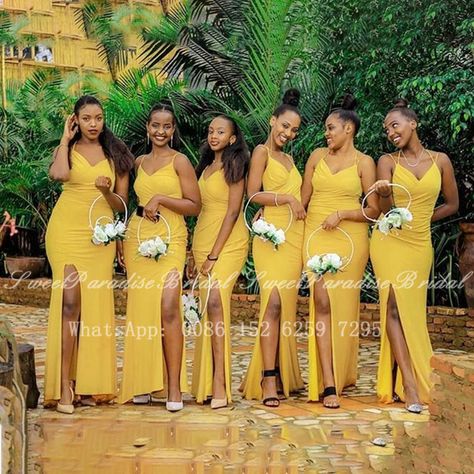 Dresses For Braids Maid, Canary Yellow Bridesmaid Dresses, Yellow Wedding Gown, Yellow Bridesmaid Dresses Black Women, Gold Yellow Dress, Braids Maid Dresses Long, Maids Dresses Wedding African, Braid Maids Dresses, African Maid Of Honour Dresses