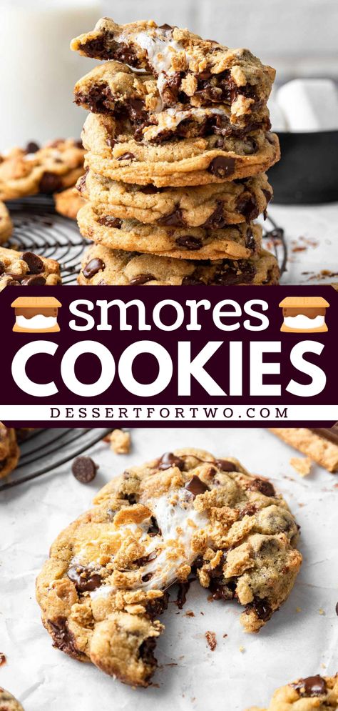 Here's a 4th of July treat everyone will love! It features a chocolate chip cookie recipe that's soft and gooey. Stuffed with marshmallows and crushed graham crackers, these easy Smores Cookies are just the summer dessert idea that you need! Cookie Recipes Smores, End Of Summer Cookies, Simple S’mores Cookies, Goodies Recipes, Smores Cookies Recipes, Basic Chocolate Chip Cookies, Chocolate Chip Marshmallow Cookies, Easy Impressive Dessert, Easy Smores