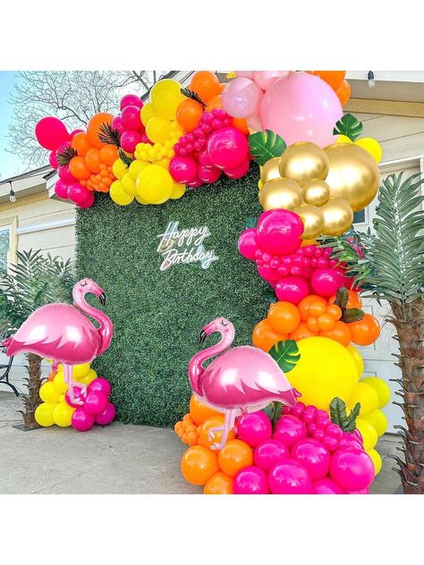 125pcs/Set Tropical Balloon Arch Flower Garland, Including Pink Flamingo, Hot Pink, Rose Red, Orange Balloons And Palm Leaves, Suitable For Hawaiian Beach Tropical Party Decorations And Summer Birthday Supplies, Baby Shower, Birthday Pool Party Decor, Flamingo Themed Birthday Multicolor    PE     Event & Party Supplies, size features are:Bust: ,Length: ,Sleeve Length: Flamingo Themed Party, Tropical Party Decorations, Flamingo Birthday Party, Flamingo Theme, Orange Balloons, Orange Party, Fiesta Tropical, Pool Party Decorations, Hot Pink Roses