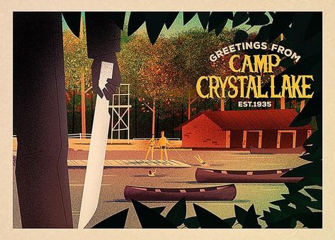 Crystal Lake Camp, Things To Do In La, Lake Aesthetic, Jason Friday, Camp Crystal Lake, Camping Aesthetic, Horror Artwork, La Art, Postcard Printing