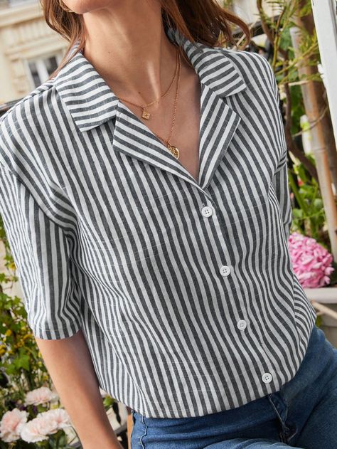 Women Blouses Fashion Classy, Horizontal Stripe Button-up Shirt For Summer, Half Sleeve Shirts Women, Ladies Shirt Design, Casual Striped Button-up Short Sleeve Shirt, Spring Button-up Tops With Horizontal Stripes, Cheap Button-up Top With Striped Collar, Womens Shirts Casual, Vertical Striped Shirt