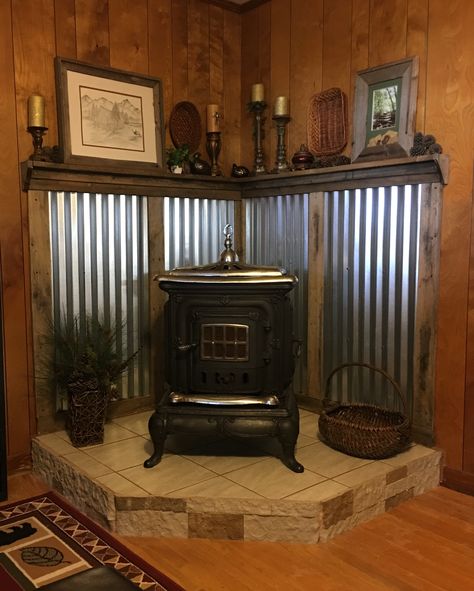 Corner Wood Stove, Wood Stove Surround, Wood Stove Hearth, Wood Burning Stoves Living Room, Fire Stove, Wood Stove Fireplace, Home Decor Style, Kitchen Remodel Ideas, Rustic Home Design