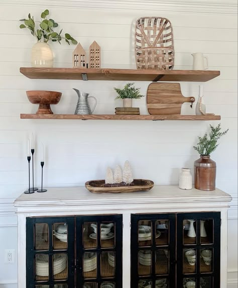 Dining room shelf styling. We love neutral styles and adding old decor with new! Follow me in the @LIKEtoKNOW.it shopping app to shop this post and get my exclusive app-only content! #liketkit #StayHomeWithLTK #LTKhome #LTKunder50 @liketoknow.it http://liketk.it/366f2 Dining Room Buffet Table, Diy Floating Shelves, Buffet Table Decor, Dining Room Shelves, Dining Room Updates, Sideboard Decor, Kitchen Shelf Decor, Buffet Decor, Dining Room Hutch