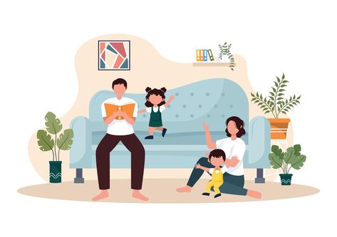 Family Time of Joyful Parents and Children Spending Time Together at Home Doing Various Relaxing Activities in Cartoon Flat Illustration for Poster or Background Quality Time With Friends, House Cartoon, Banner Web, Cry A Lot, Friends Illustration, Time With Friends, Infographic Illustration, Family Cartoon, Post Partum