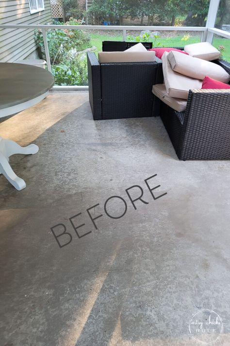 Outdoor Rug Porch, Porch Refresh, Paint Concrete Patio, Clean Concrete, Painting Front Porch, Porch Paint, Floor Makeover, Painted Concrete Floors, Painted Front Porches