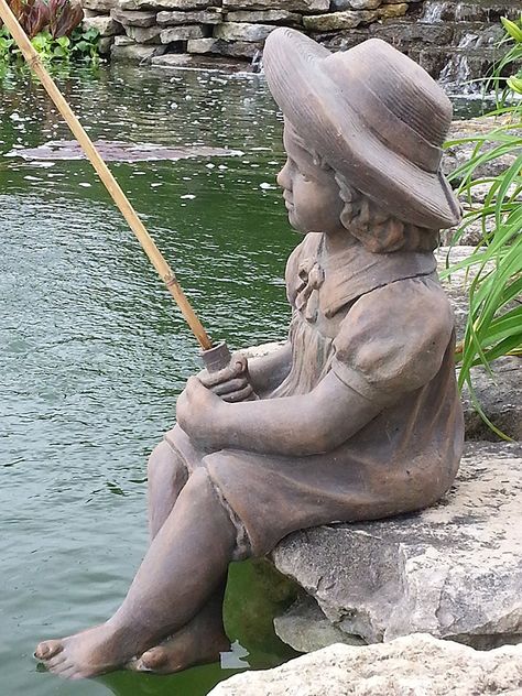 Fishing Girl, Stone Garden Statues, Pond Accessories, Water Gardens Pond, Stone Statue, Garden Figurines, Water Pond, Hand Sculpture, Garden Gift