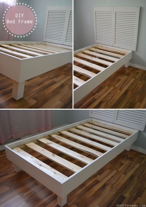 DIY Bed frame. Love the idea of just putting the headboard on the wall so it is snug against the wall. Bunkbed Ideas, Diy Twin Bed, Diy Bed Frame Easy, Headboard Tutorial, Bed Frame Plans, Twin Platform Bed, Diy Bed Frame, Twin Bed Frame, Diy Headboard