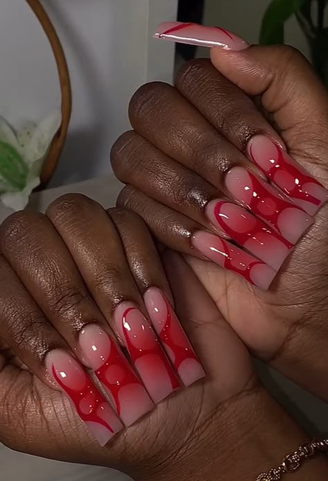 Long Airbrush Nails, Pink And Red Abstract Nails, Red Stilettos Nails, Fuschia Acrylic Nails, Airbrush Red Nails, Pink And Red Ombre Nails Acrylic, Red Air Brush Nails, Red Birthday Nail Designs, Red Bottom Nails Acrylic