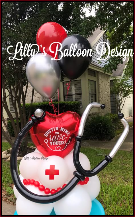 Nurse Balloon Bouquet, Stethoscope Balloon, Nurse Balloons, Nurse Goals, Nurse Graduation Party Decorations, Balloons Art, Party Balloons Diy, Balloon Bouquet Diy, Deco Ballon