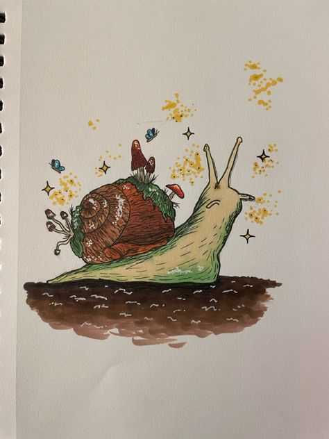 Quick snail and mushroom sketch finished eith pen and alcohol based markers Snail Mushroom Drawing, Alcohol Based Markers Art Ideas, Marker Sketches Simple, Drawing Ideas Alcohol Markers, Things To Draw With Alcohol Markers, Alcohol Based Markers Art, Mushrooms Doodle, Snail Sketch, Alcohol Markers Art Ideas