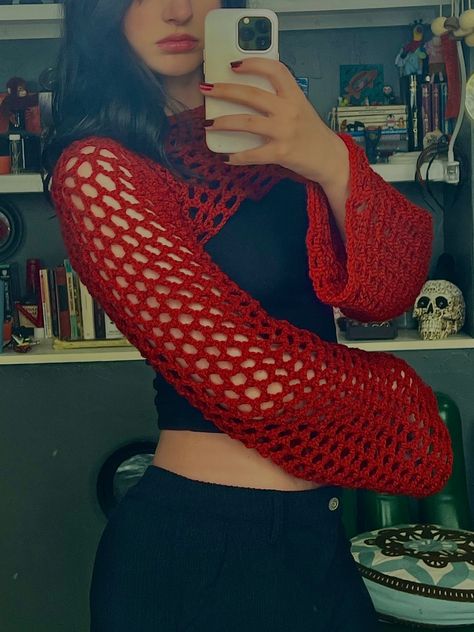 Red Crochet Top, Mesh Bolero, White Mesh Top, Shrug Top, Red And Black Outfits, Crochet Top Outfit, Mesh Sweater, Bolero Shrug, Red Crochet