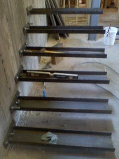 The initial balance test      C-Channels cantilevered from concrete wall with epoxy anchors     4x12 Cedar treads routed to accept C-Chann... Stair Update, Cantilever Stairs, Architecture Restaurant, Steel Stairs, Metal Stairs, Floating Stairs, Floating Staircase, Stair Handrail, Staircase Railings