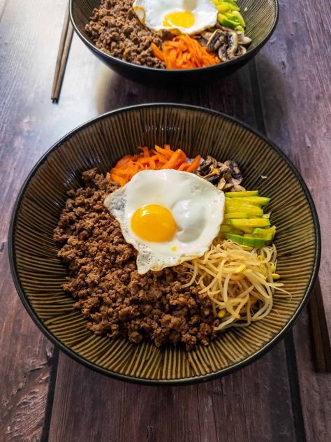 Easy High Protein Korean Beef Bibimbap (43g of Protein) - Everywhere Jiji Korean Beef Bibimbap, Beef Bibimbap, 30 Grams Of Protein, Beef Bowls, Korean Beef, High Protein, Instant Pot, Bowl