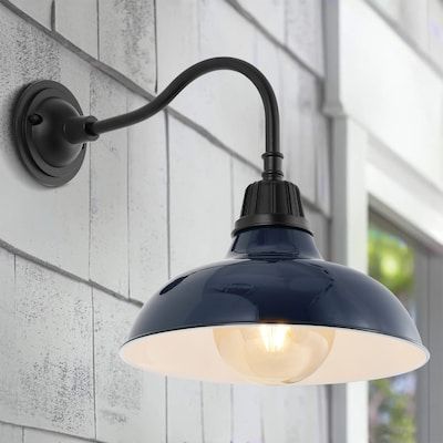 JONATHAN Y Aurora Iron Gooseneck Arm Industrial Farmhouse 1-Light 16.5-in H Satin Blue LED Outdoor Wall Light in the Outdoor Wall Lights department at Lowes.com Farmhouse Wall Lighting, Outdoor Light Fixture, Shiplap Walls, Farmhouse Designs, Outdoor Light Bulbs, Farmhouse Industrial, Metal Wall Light, Led Outdoor Wall Lights, Light Copper